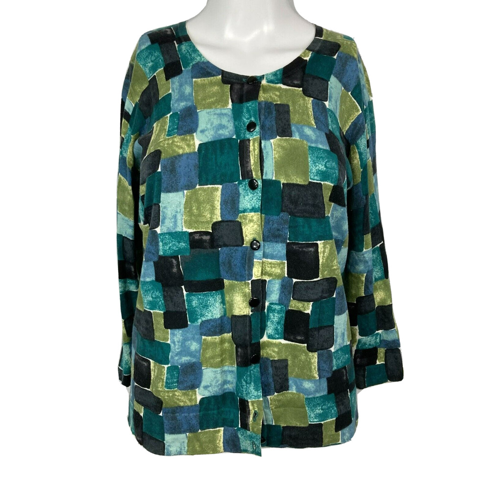 Ann Taylor Cardigan Womens Sz MP Petite Blue‎ Green Pattern Cotton Sweater